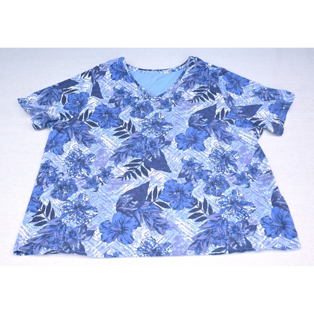 Catherines Womens 3X 26/28W Cotton V Neck Tee Blue Tropical Hibiscus Palm Print